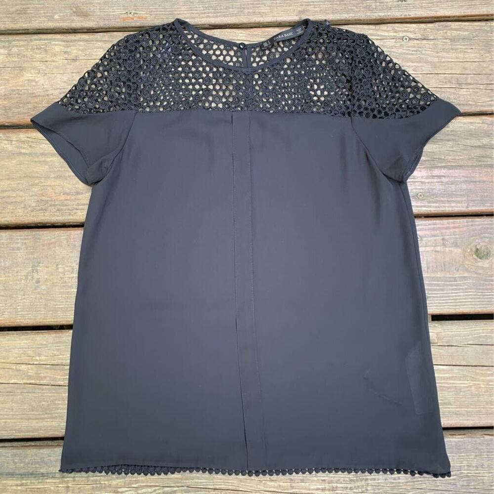 Zara Womens Blouse Black Short Sleeve Scoop Neck Keyhole Back Crochet S